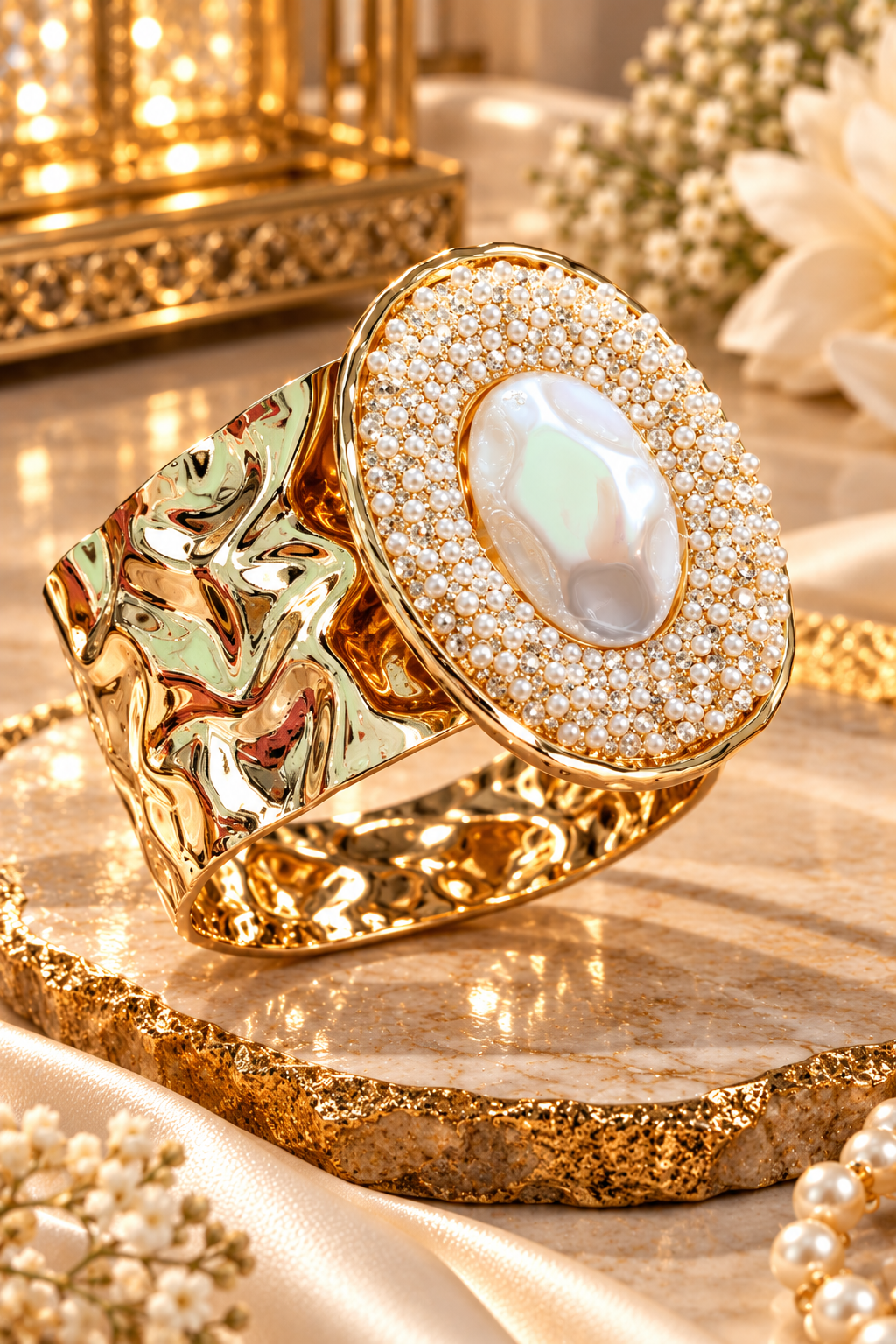 Royal Pearl Halo Statement Cuff Bracelet