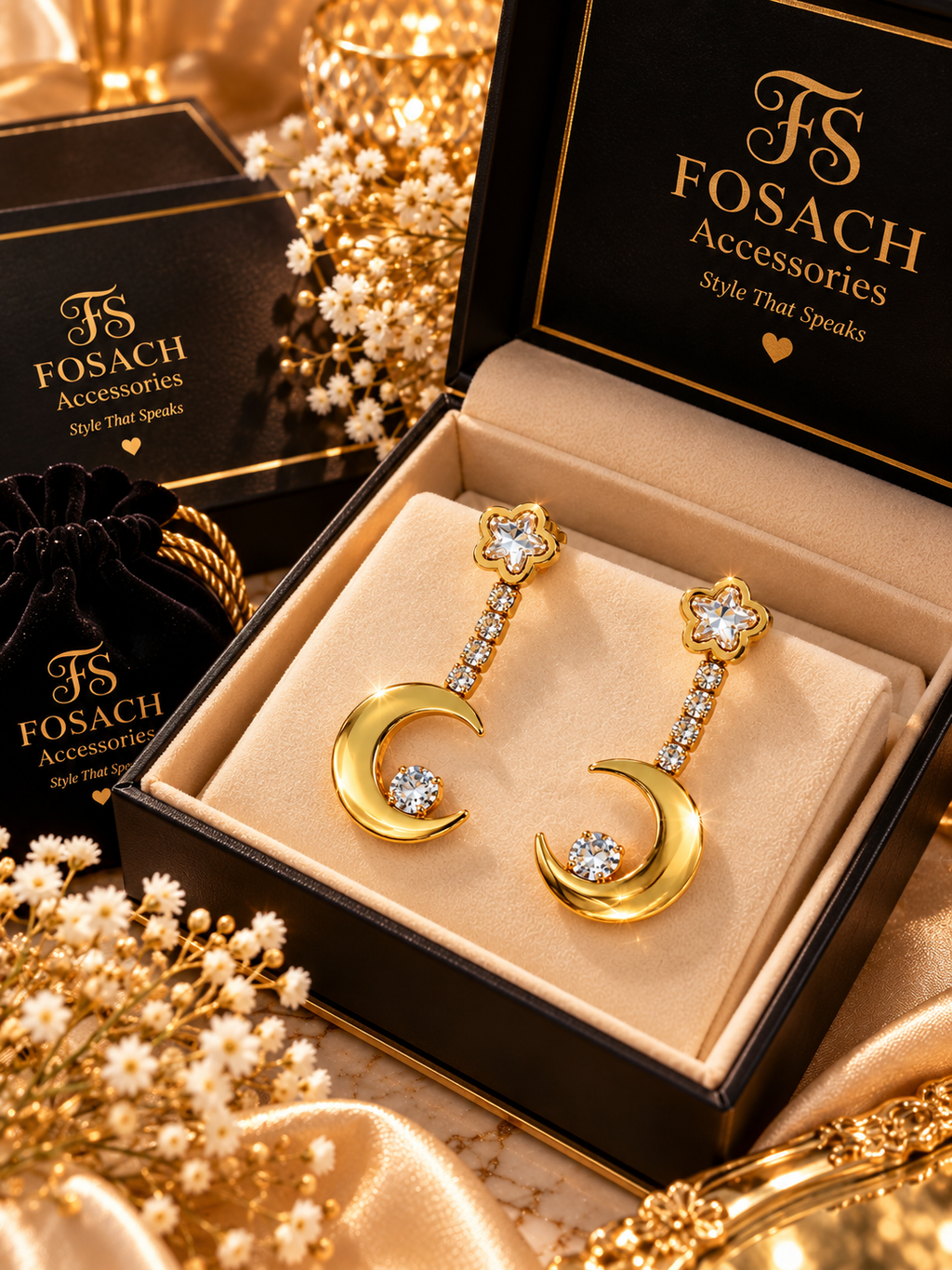 Celestia Bloom Crescent Crystal Drop Earrings