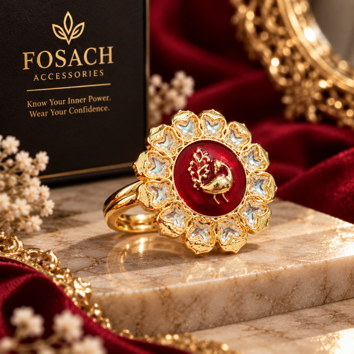 Royal Red Peacock Bloom Statement Ring