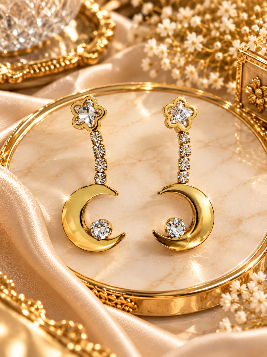 Celestia Bloom Crescent Crystal Drop Earrings