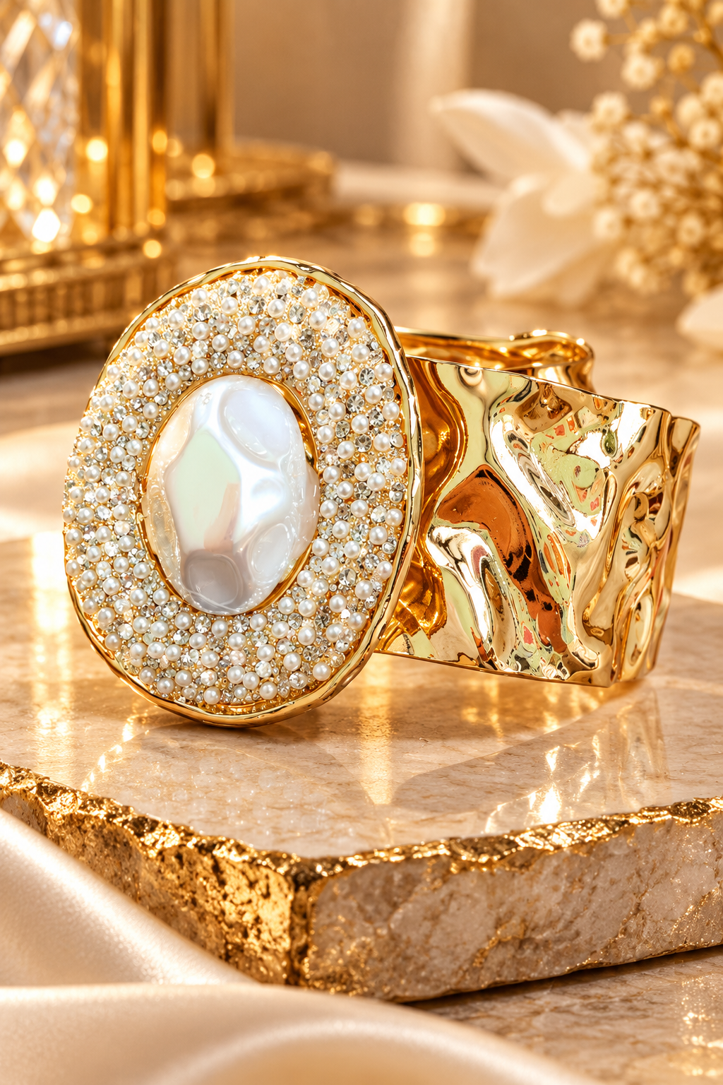 Royal Pearl Halo Statement Cuff Bracelet
