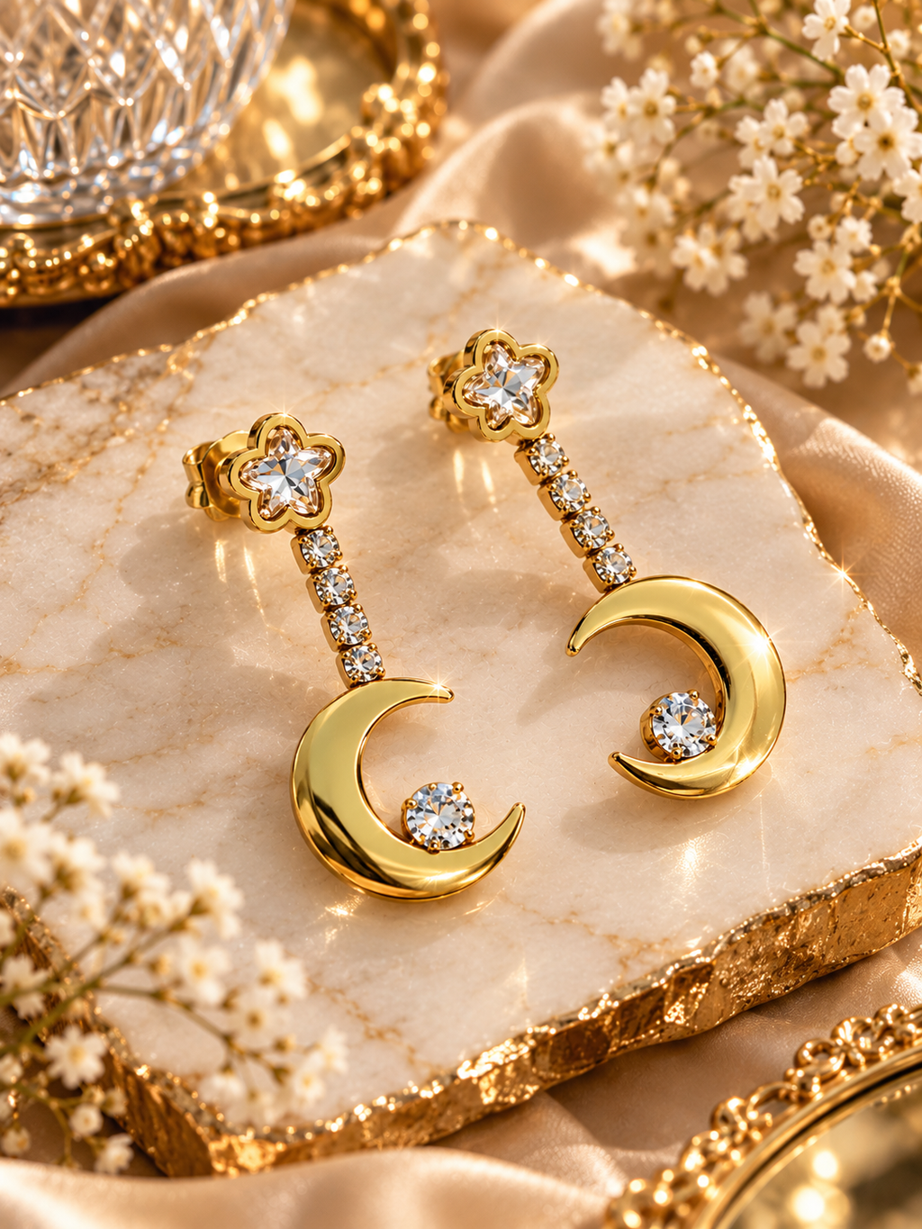 Celestia Bloom Crescent Crystal Drop Earrings