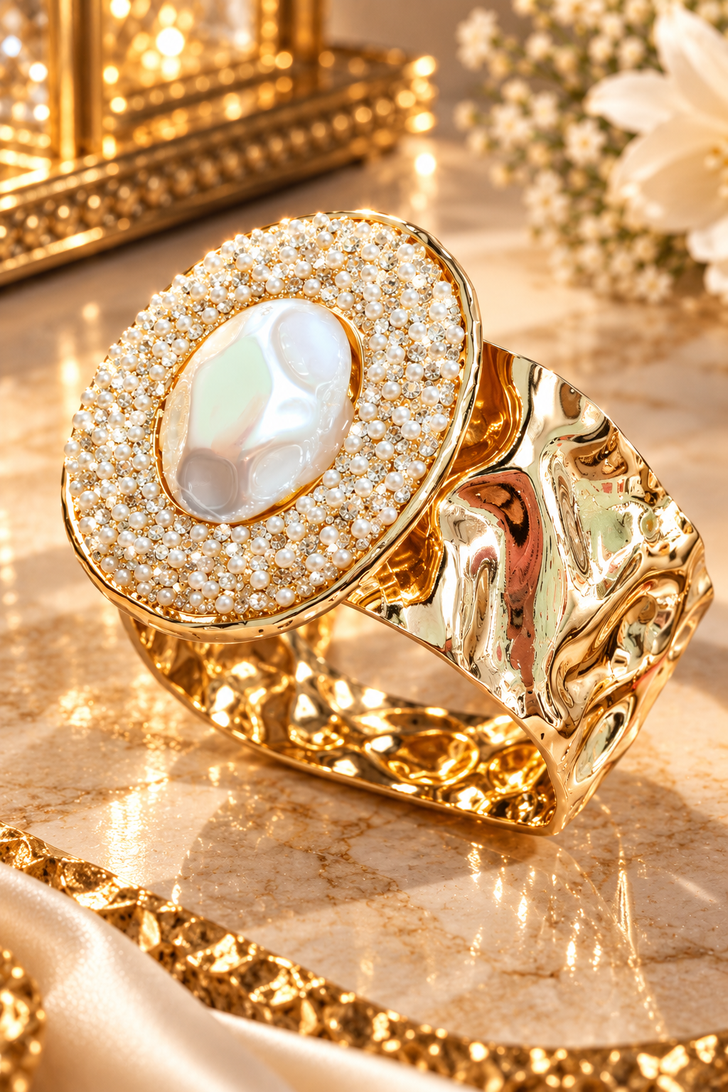 Royal Pearl Halo Statement Cuff Bracelet