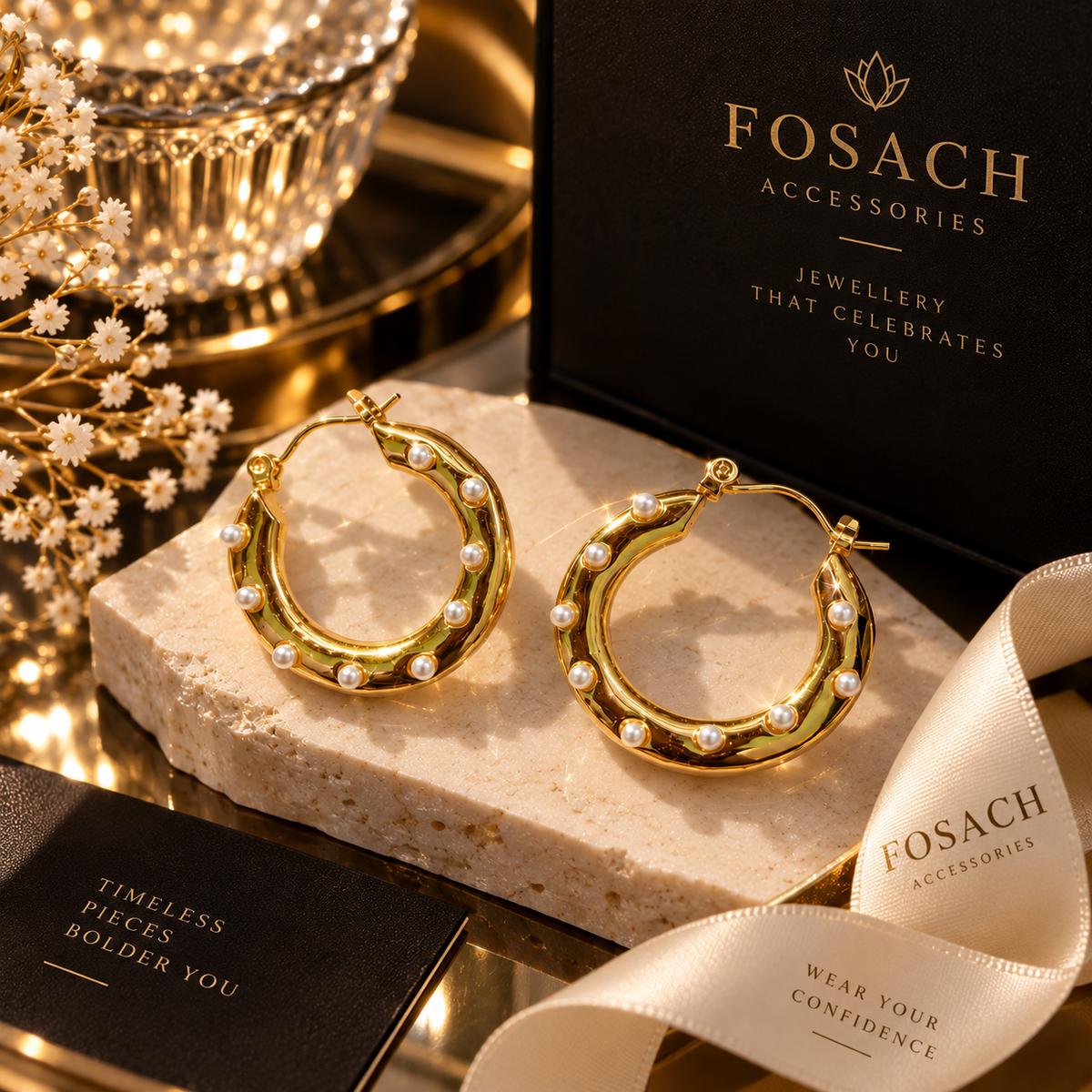 Pearl-Studded Gold Hoop Earrings