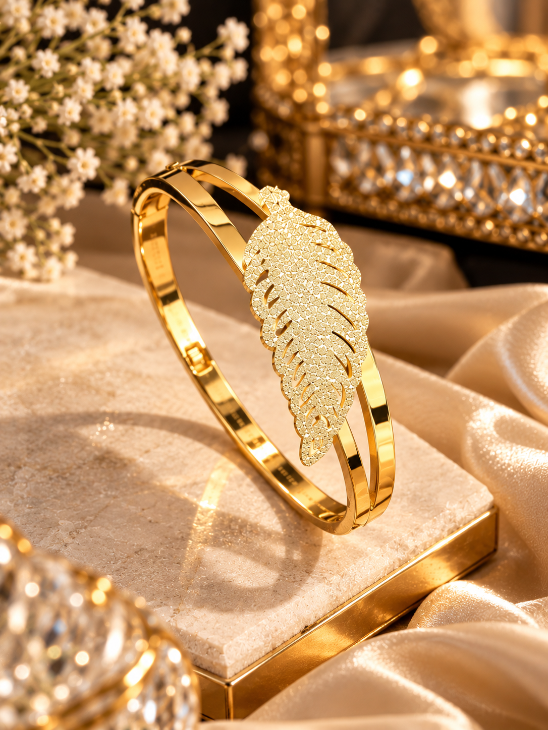 Golden Leaf Pavé Luxe Cuff Bracelet