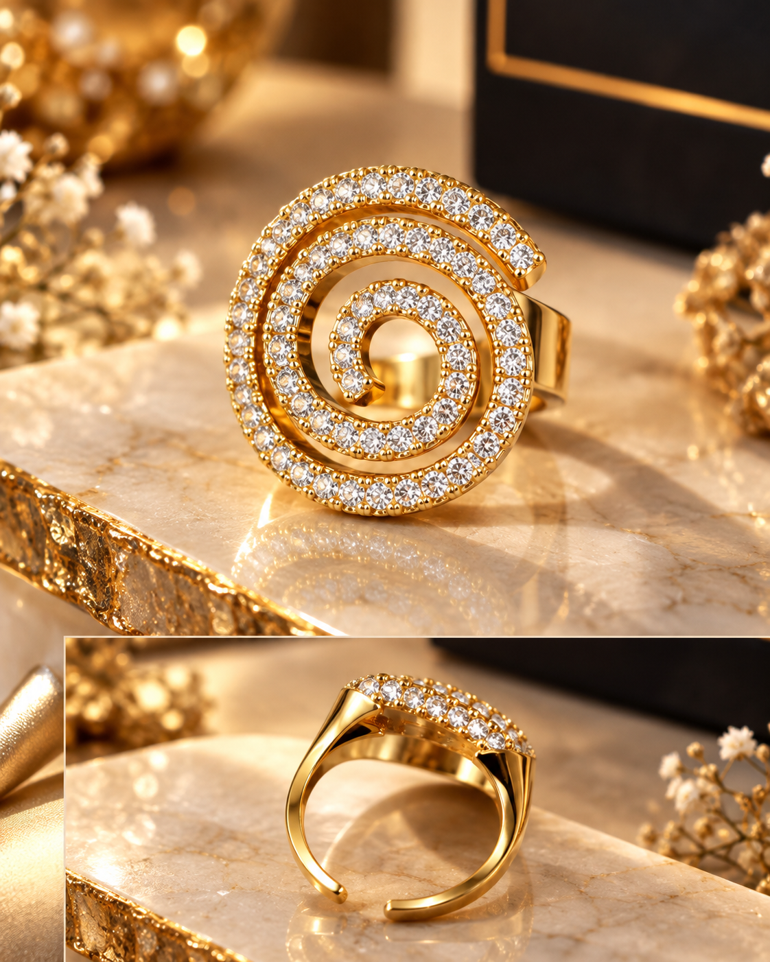 FOSACH Golden Spiral Crystal Statement Ring
An Elegant Expression of Modern Glamour
